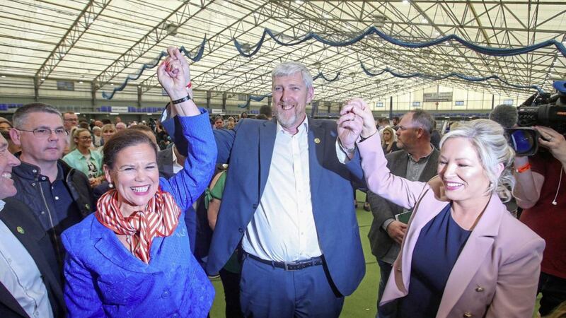 John O&#39;Dowd is congratulated on topping the poll in Upper Bann by Sinn Fein hierarchy Michelle O&#39;Neill and MaryLou McDonald. Picture: Mal McCann 