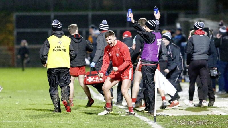 The Tyrone bench celebrate the victory over Dublin at the end of  the Allianz Football League Division 1 Round 5 between Tyrone and Dublin at Healy Park Omagh on 02-29-2020. Pic Philip Walsh. 
