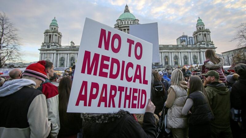 The anti-vaccine passport protest at Belfast City Hall last Saturday was dispiriting. Picture by Mal McCann 