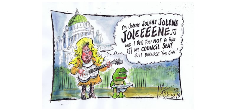 Irish News cartoonist Ian Knox offers his take on Jolene Bunting's suspension from Belfast City Council&nbsp;