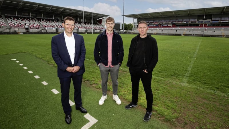 Kairos Sports Tech chief executive Andrew Trimble (centre) and chief operating officer Gareth Quinn with Whiterock Finance financial analyst James Thompson (left) 