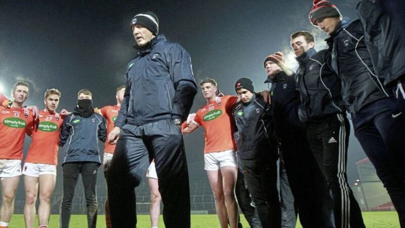 <span class="gwt-InlineHTML kpm3-ContentLabel">Kieran McGeeney's Armagh  look set to play their 'home' League game with Clare at the neutral  venue of Pairc Esler in Newry, after they admitted flouting a  pre-Championship training ban last year. Picture by Margaret McLaughlin </span>