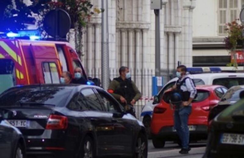 Police at Notre Dame Basilica in Nice this morning after three people were killed