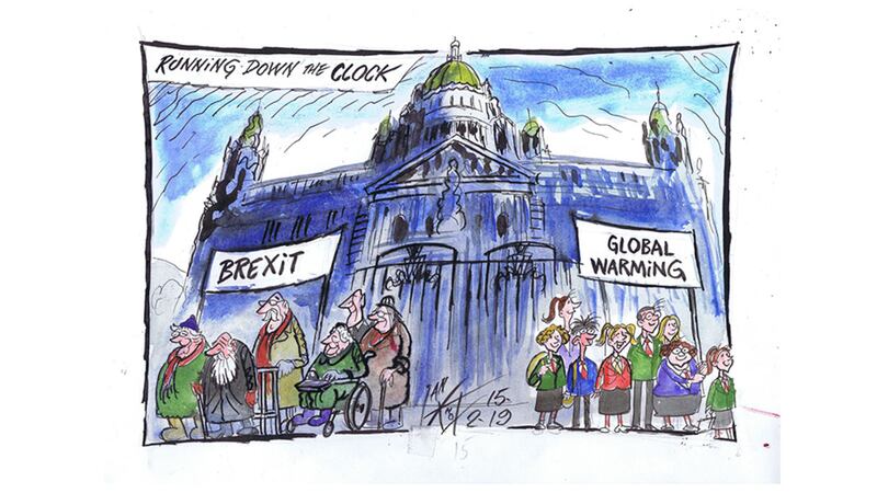 Ian Knox cartoon 15/2/19: Largely inspired by a remarkable 16 year old autistic Swedish schoolgirl, Greta Thunberg, schoolchildren in Belfast and round the world are staging strikes from school in protest at government inaction on the issue of climate change. In Westminster the PM suffers a fresh defeat&nbsp;