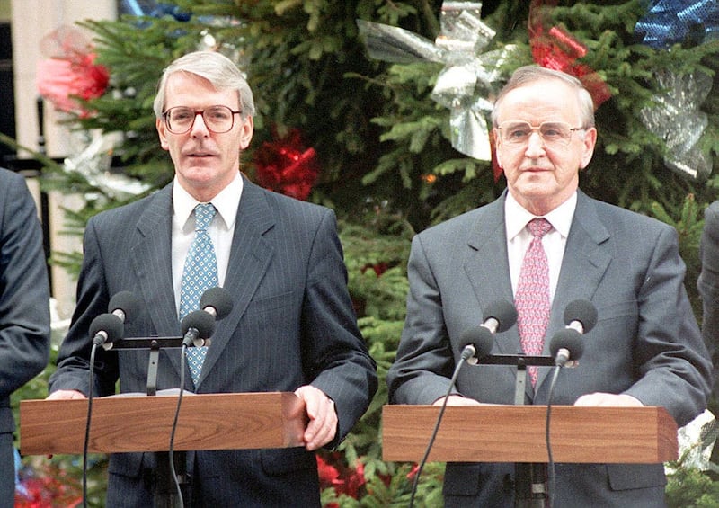Former prime minister John Major and former Irish prime minister Albert Reynolds issue the Downing Street Declaration