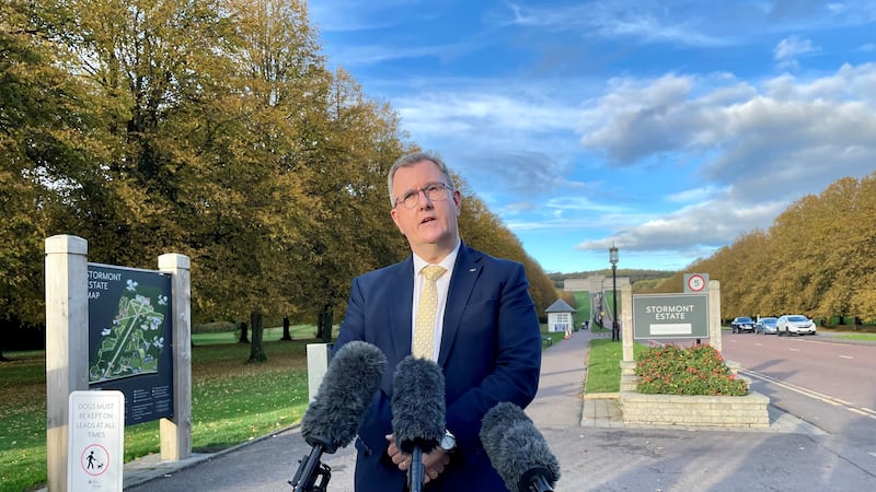 Sir Jeffrey Donaldson MP, leader of the DUP speaks to the media in the grounds of Stormont, Belfast. Picture date: Monday October 24, 2022.