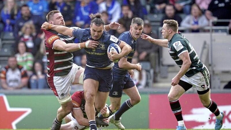Leinster&#39;s James Lowe attempts to get clear during the Heineken Champions Cup quarter-final match at Mattioli Woods Welford Road Stadium, Leicester Pictue by PA 