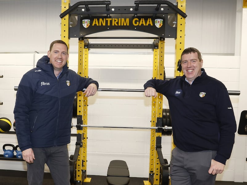 Donal Murphy (left) and Ciaran McCavana at the opening of Antrim GAA's new high-performance gym at Dunsilly. Both men will finish their five-year stints with the Antrim County Board on Monday night