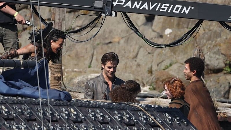 Michelle Rodriguez, Chris Pine and Justice Smith during filming of Dungeons and Dragons: Honour Among Thieves in 2021. Picture by Liam McBurney/PA