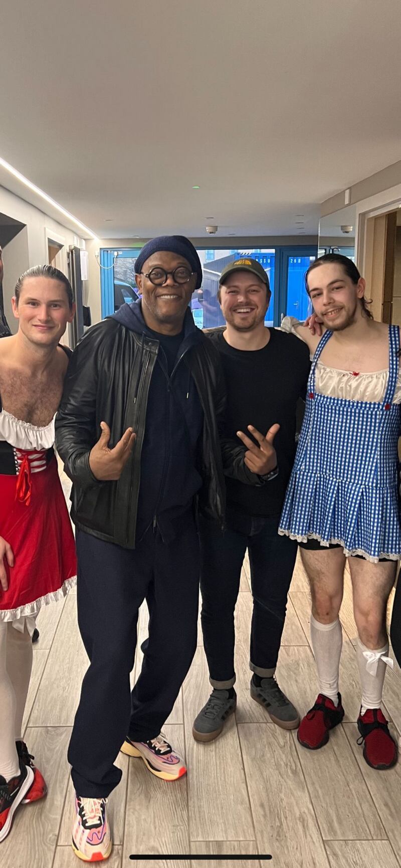 Samuel L Jackson pictured with Bongo’s Bingo host Ste Taylor (second from right) with drag dancers Kinky Kylie (left) and Hairy Mary (right) (Ste Taylor/Bongo’s Bingo)