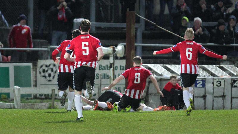 Derry City players celebrate Ronan Curtis&#39;s goal against Cork City at the Brandywell on Friday night. Picture by Margaret McLaughlin 