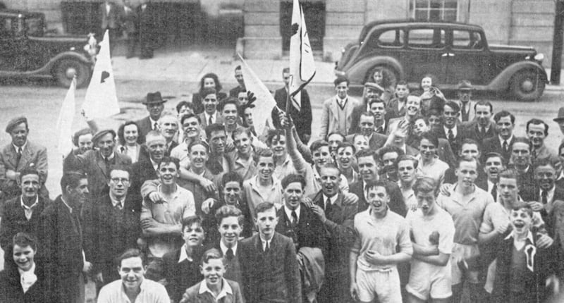 Members of the 1948 Tyrone minor football team pictured after their All-Ireland semi-final victory over Galway at Ballinasloe. Players in the picture include Eddie Knox, Fr Malachy Connolly, Sean McGrath, Donal Donnelly John Joe O&#39;Hagan, Sean Donnelly, Brian Loughran, John O&#39;Reilly, Barry Corr, Jimmy McGaughran, Louis Campbell, Dermot Cummins, Tom Carney, Harry Hartop, and Barney Eastwood (far right). 