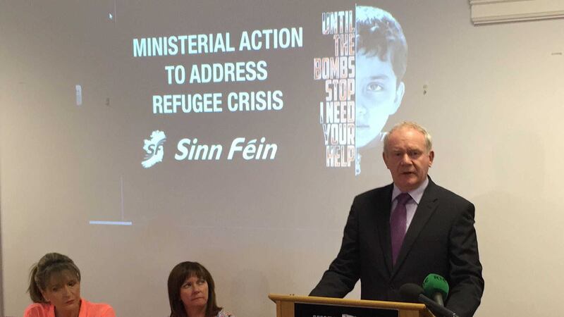 Martin McGuinness speaking at a refugee crisis event in Parliament Buildings in Belfast  &nbsp;