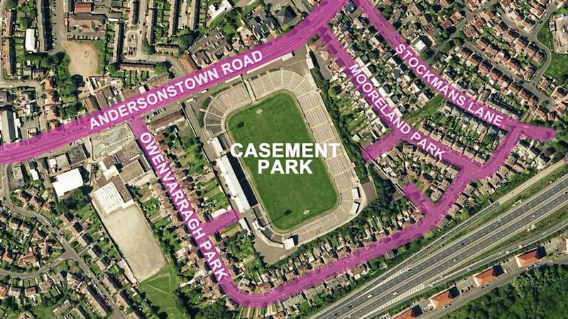A map of Casement Park and the surrounding area in west Belfast 
