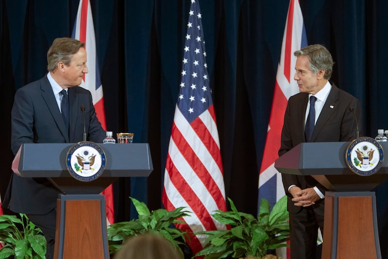 US secretary of state Antony Blinken, right, with Foreign Secretary Lord David Cameron at the State Department in Washington (Kevin Wolf/AP)