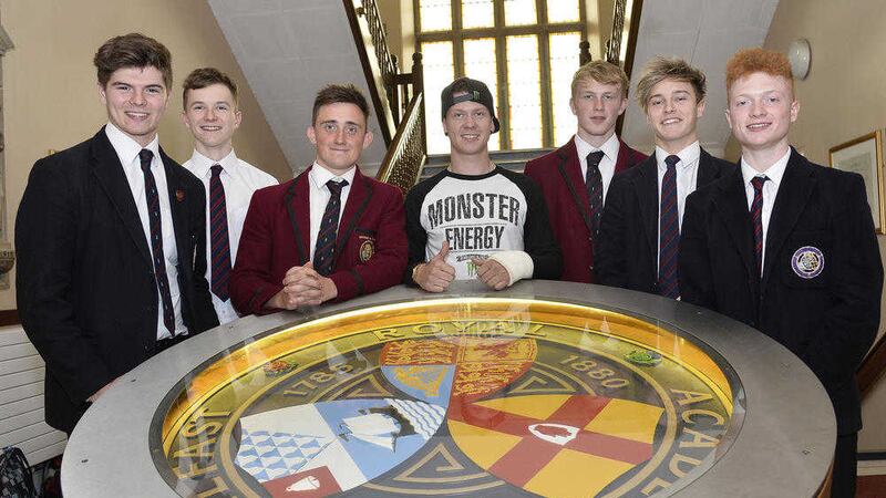 Andy Reid pictured at his old school, Belfast Royal Academy alongside students Johnny Mooney, Conor McCaughey, Michael Wilson, Jay McCrum, Zac McWilliams and Matthew Knox 