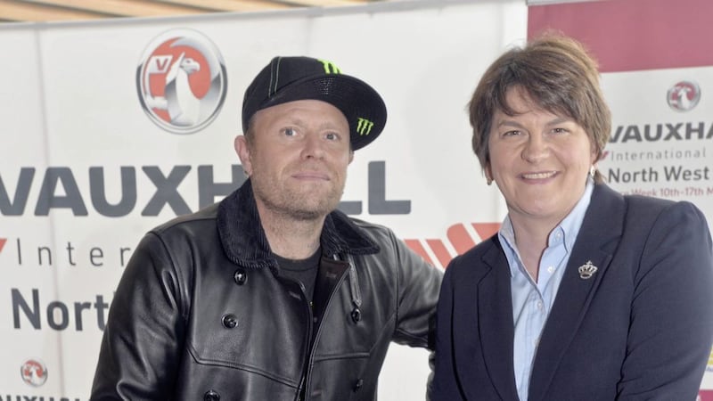Prodigy star Keith Flint with the DUP's Arlene Foster in 2014 at the launch of the North West 200 at Titanic Belfast