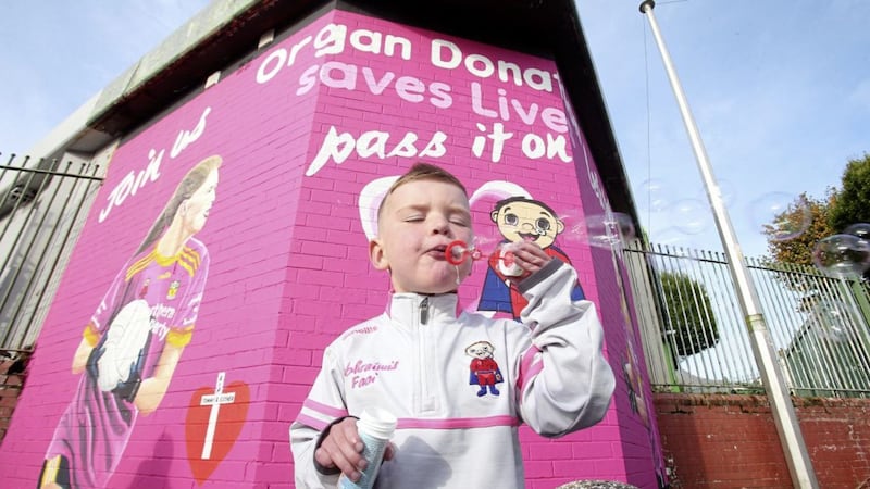 Daithi Mac Gabhann at the Organ Donation mural in Ballymurphy. Picture by Mal McCann 