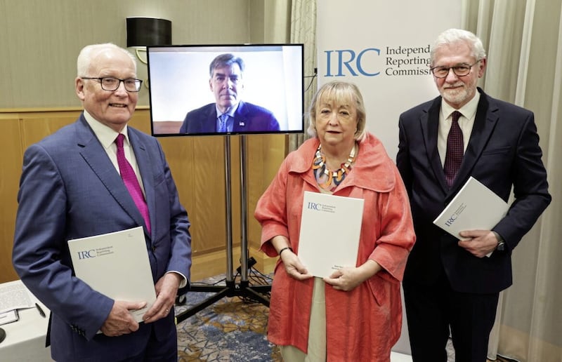 Independent Reporting Commission members Tim O&#39;Connor, Monica McWilliams and John McBurney, joined by Mitchell Reiss via Zoom, launch their latest report into progress towards ending paramilitary activity. PICTURE: WILLIAM CHERRY/PRESSEYE 
