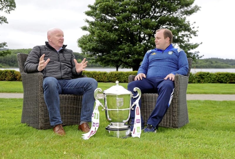 Donegal boss Declan Bonner and his Cavan counterpart, Mickey Graham, chat at last week&#39;s Ulster final launch in Fermanagh. Picture by John Merry 