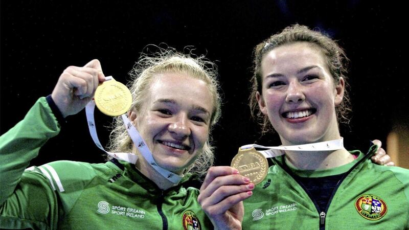 Amy Broadhurst and Lisa O&#39;Rourke celebrate their World Elite Championship gold medal success back in May. Picture by INPHO 