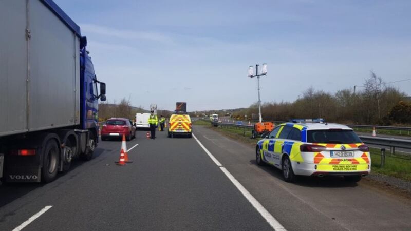 Gardai at a checkpoint on the M1 between Belfast and Dublin during the coronavirus lockdown