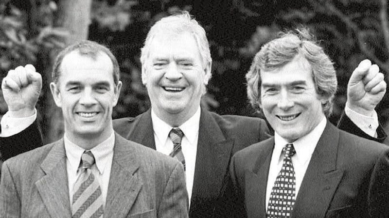 ON THE BALL... Northern Ireland&rsquo;s new football management team, Lawrie McMenemy (centre), Joe Jordan (left) and Pat Jennings after their appointments were announced in Belfast yesterday afternoon 