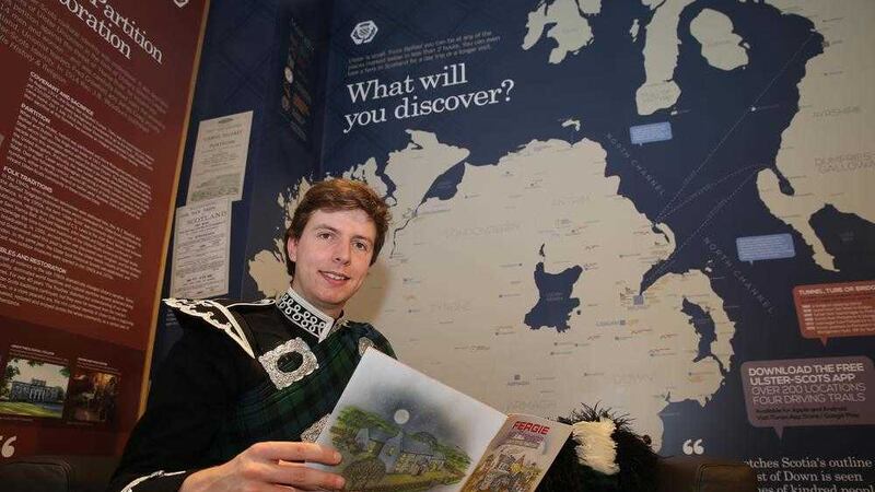 Grahame Harris at the launch of the Ulster Scots primary school shared language resource. Picture by Hugh Russell 