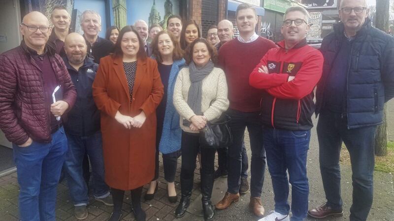 Sinn F&eacute;in&#39;s Deirdre Hargey and M&aacute;irt&iacute;n &Oacute; Muilleoir with party members after the recent South Belfast convention  