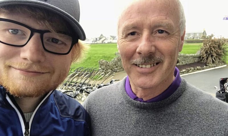 Ed Sheeran pictured with golfer Kieran Mageean at Ardglass Golf Club yesterday 