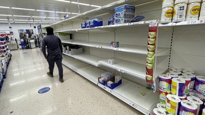 Empty shelves at a supermarket in London as retailers, manufacturers and food suppliers report disruptions due to a shortage of truck drivers. (AP Photo/Frank Augstein). 