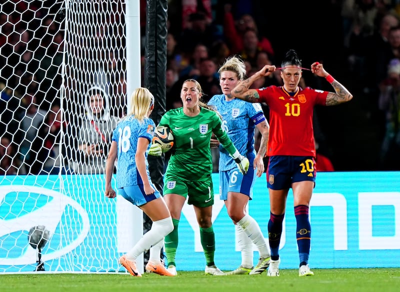 England goalkeeper Mary Earps celebrates after saving a penalty from Spain’s Jennifer Hermoso