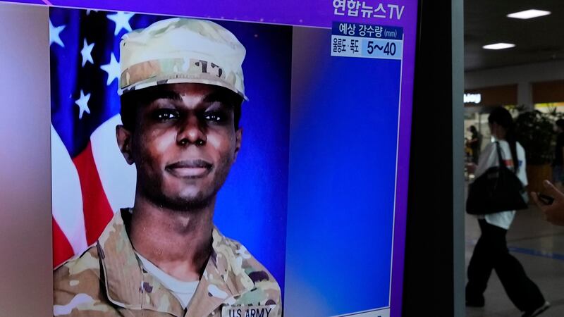 A TV screen shows American soldier Travis King (Ahn Young-joon/AP)