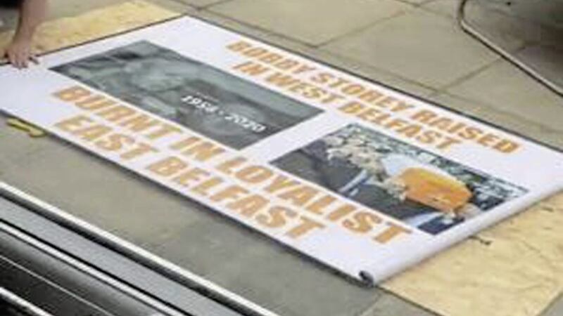 A slogan about late republican Bobby Storey which has prompted an investigation by the PSNI. Picture from Q Radio 