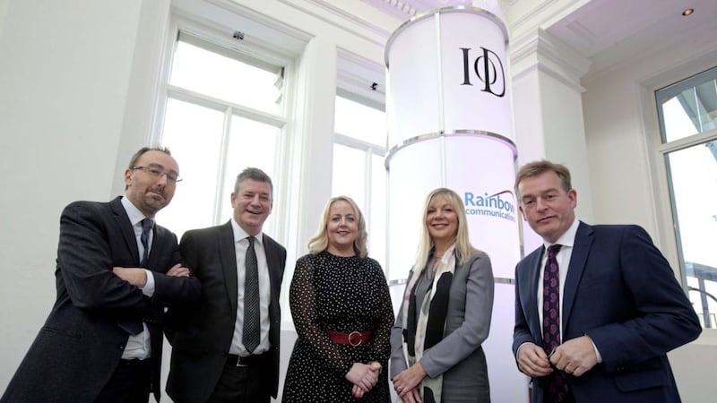 Bombardier&#39;s Bill Molloy (second left) pictured at the IoD lunch with (from left) David Beatty (representing sponsor Rainbow Communications), Kirsty McManus (IoD NI national director), Suzanne Wylie (Belfast City Council chief executive) and BBC broadcaster Mark Carruthers 