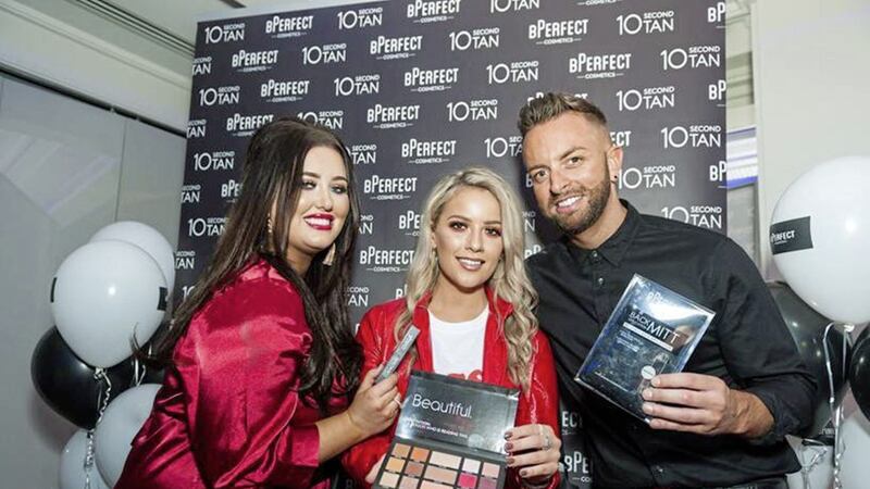 Melissa Riddell, Cool FM presenter and host for the launch event at the Merchant Hotel, Belfast, pictured with Louise McDonnell, LMD Makeup, and Brendan McDowell, managing director, BPerfect Cosmetics 