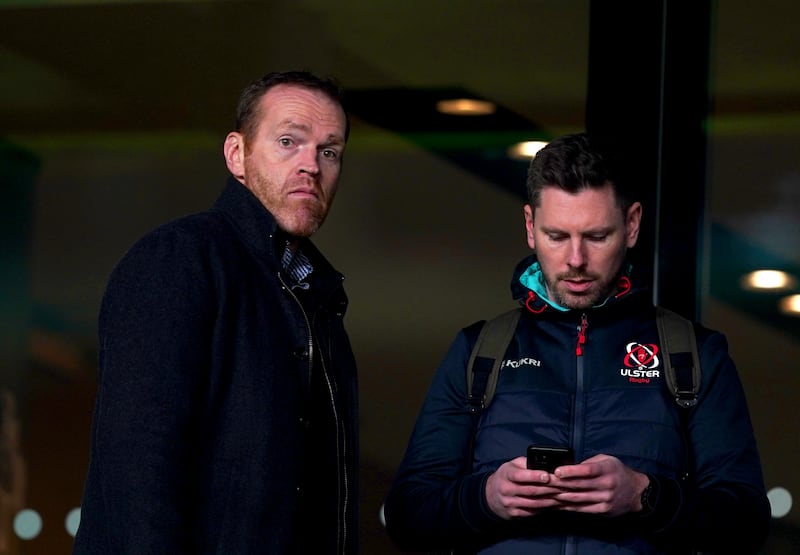 Ulster Rugby chief executive Jonny Petrie, left, in the stands at the Aviva Stadium, Dublin, in 2022