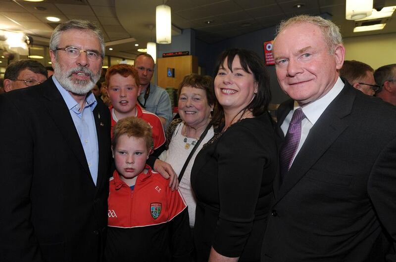 Omagh Leisure Centre - Tyrone West Count - 7th May 2015.Irish News Declan Roughan..Sinn Fein&#39;s Michele Gildernew with her family, Gerry Adams and Martin McGuinness  after her defeat to DUP&#39;s Tom Elliott, with her 23,078 votes to his 23,608  a margin of less than 1%.. 