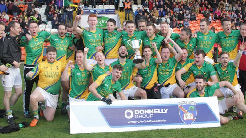 Clonmore players celebrate Sunday's championship final victory. Picture: Colm O'Reilly