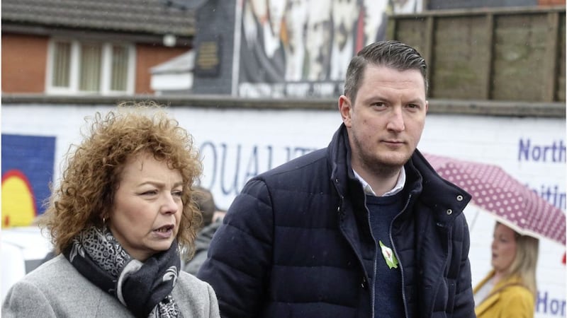 John Finucane pictured in north Belfast yesterday with former Sinn F&eacute;in minister Car&aacute;l N&iacute; Chuil&iacute;n. Picture by Hugh 