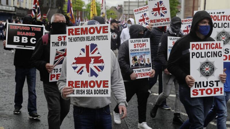 Loyalists took part in an anti-Protocol rally in Portadown on Saturday. There have been calls by a unionist grassroots group for civil disobedience over the summer months Brian Lawless/PA Wire. 
