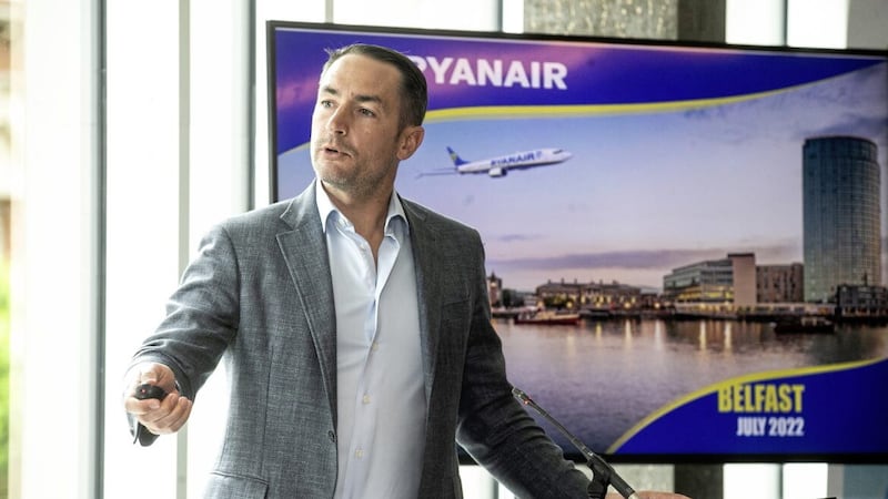 Ryanair&#39;s commercial director Jason McGuinness speaking in Belfast on Thursday. Pictures by Hugh Russell. 