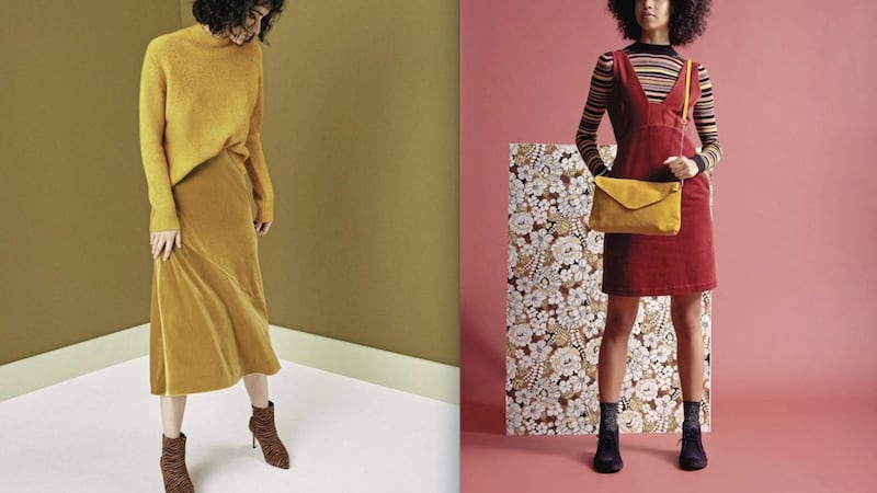 Left, Oasis Bias Cut Skirt, &pound;32; Ribbed Knit Jumper, &pound;40; Zebra Heeled Boots (available November), &pound;45; right, Oliver Bonas Alma Shimmer Striped Knitted Jumper, &pound;45; Corduroy Rust Red Mini Pinafore Dress, &pound;65; Yellow Suede Leather Envelope Crossbody Bag &pound;59.50 