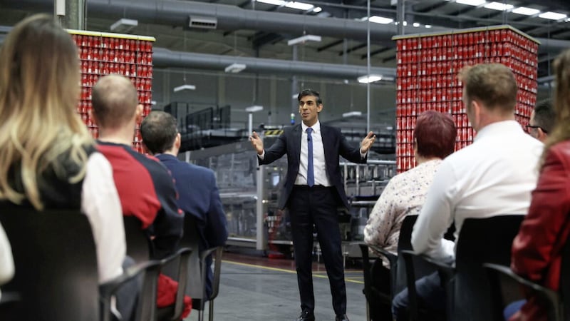 Prime Minister Rishi Sunak speaks to business leaders about the Windsor Framework during a visit to Coca-Cola HBC in Lisburn. Picture by Liam McBurney/PA 