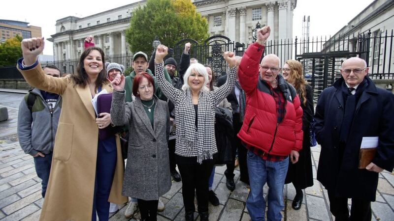 Survivors of institutional abuse outside the Court of Appeal in Belfast yesterday. Picture by Mal McCann 