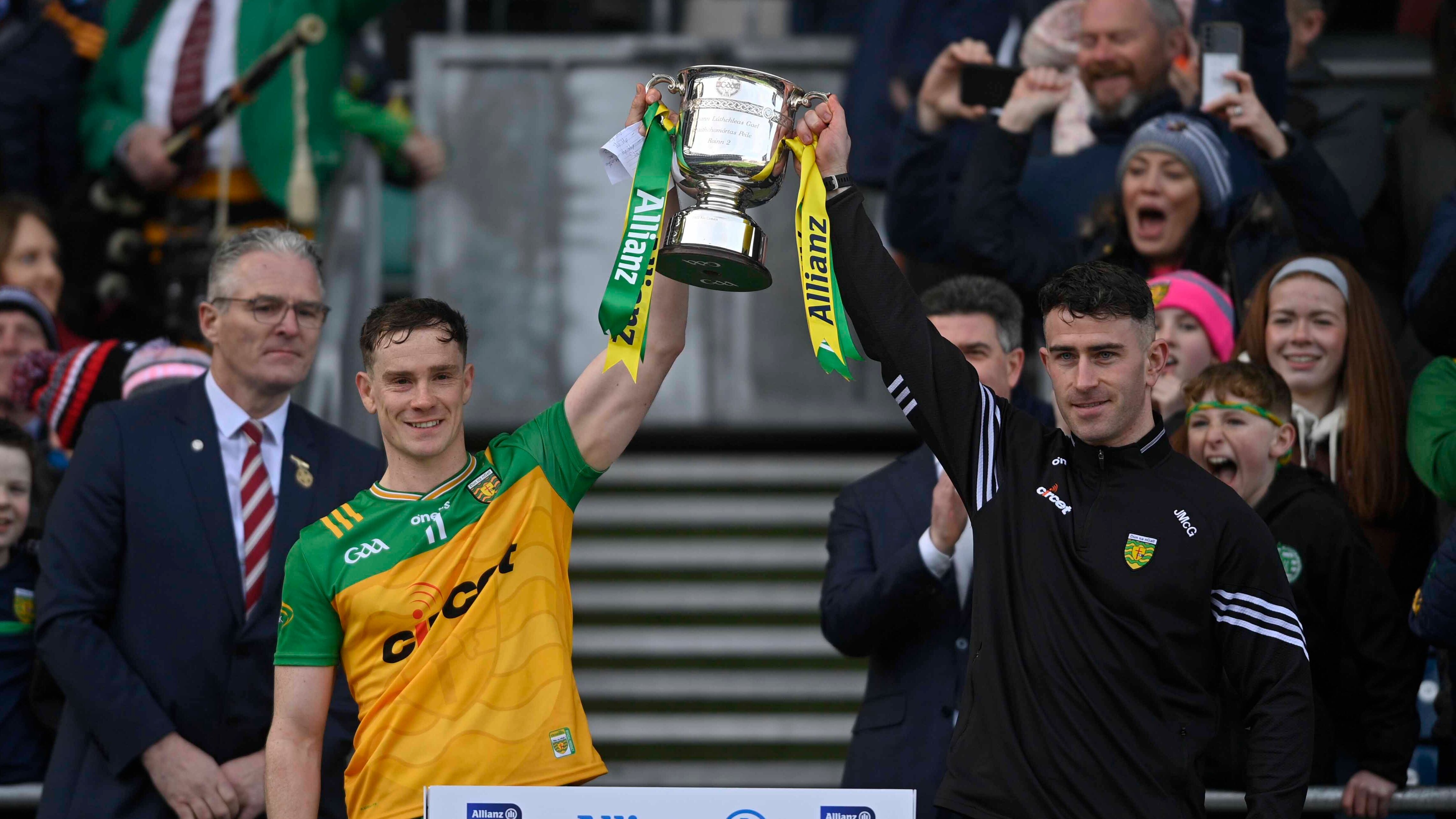 Donegal’s Ciaran Thompson and Patrick McBrearty during todays Allianz GAA Football league Div 2 final at Croke Park, Dublin.  Picture Mark Marlow