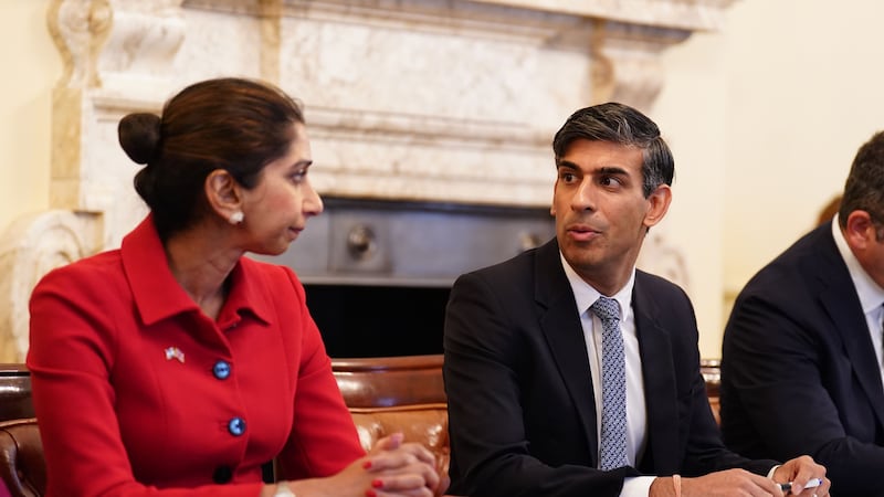 Home Secretary Suella Braverman with Prime Minister Rishi Sunak as he hosts a policing roundtable at 10 Downing Street, London. Picture date: Thursday October 12, 2023.