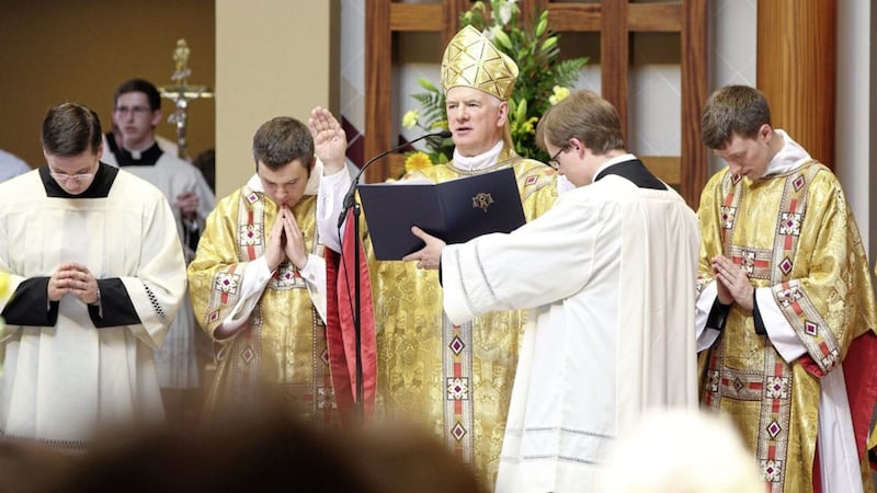 Down and Connor bishop Noel Treanor at the ordination of Fr Andrew Black in St Colmcille&#39;s Church, Holywood, in 2015. Picture by Cliff Donaldson 