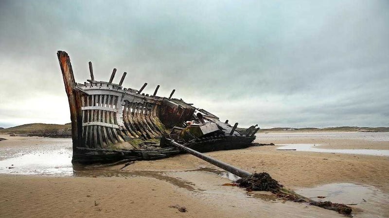 The remains of 'B&aacute;d Eddie' which ran ashore on Magheraclogher beach, Bunbeg, Co Donegal in the early 1970s&nbsp;