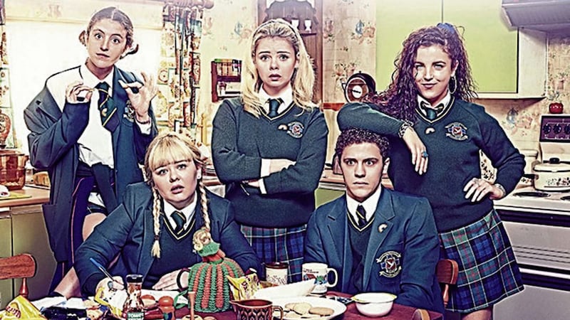 The cast of Derry Girls, from left, Orla (Louise Harland), Clare (Nicola Coughlan), Erin (Saoirse-Monica Jackson), James (Dylan Llewellyn) and Michelle (Jamie-Lee O&#39;Donnell). 